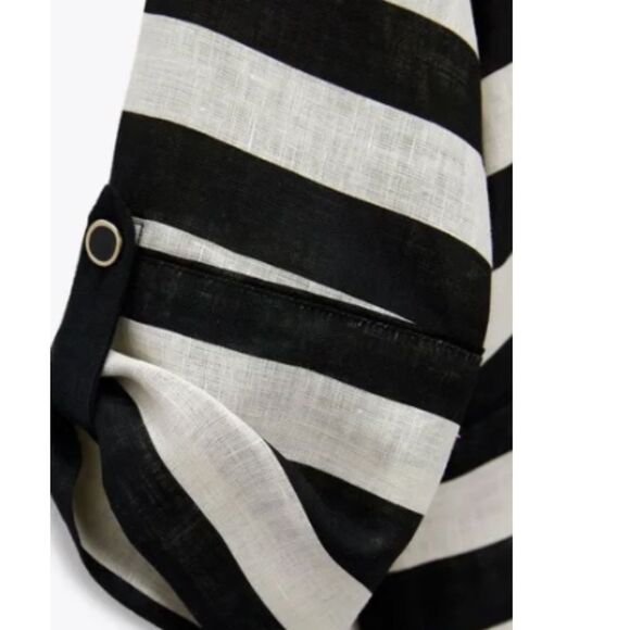 Zara Striped 100% Linen Top Black White Striped Top Gold Button Accent US/S EU/S - Picture 4 of 7